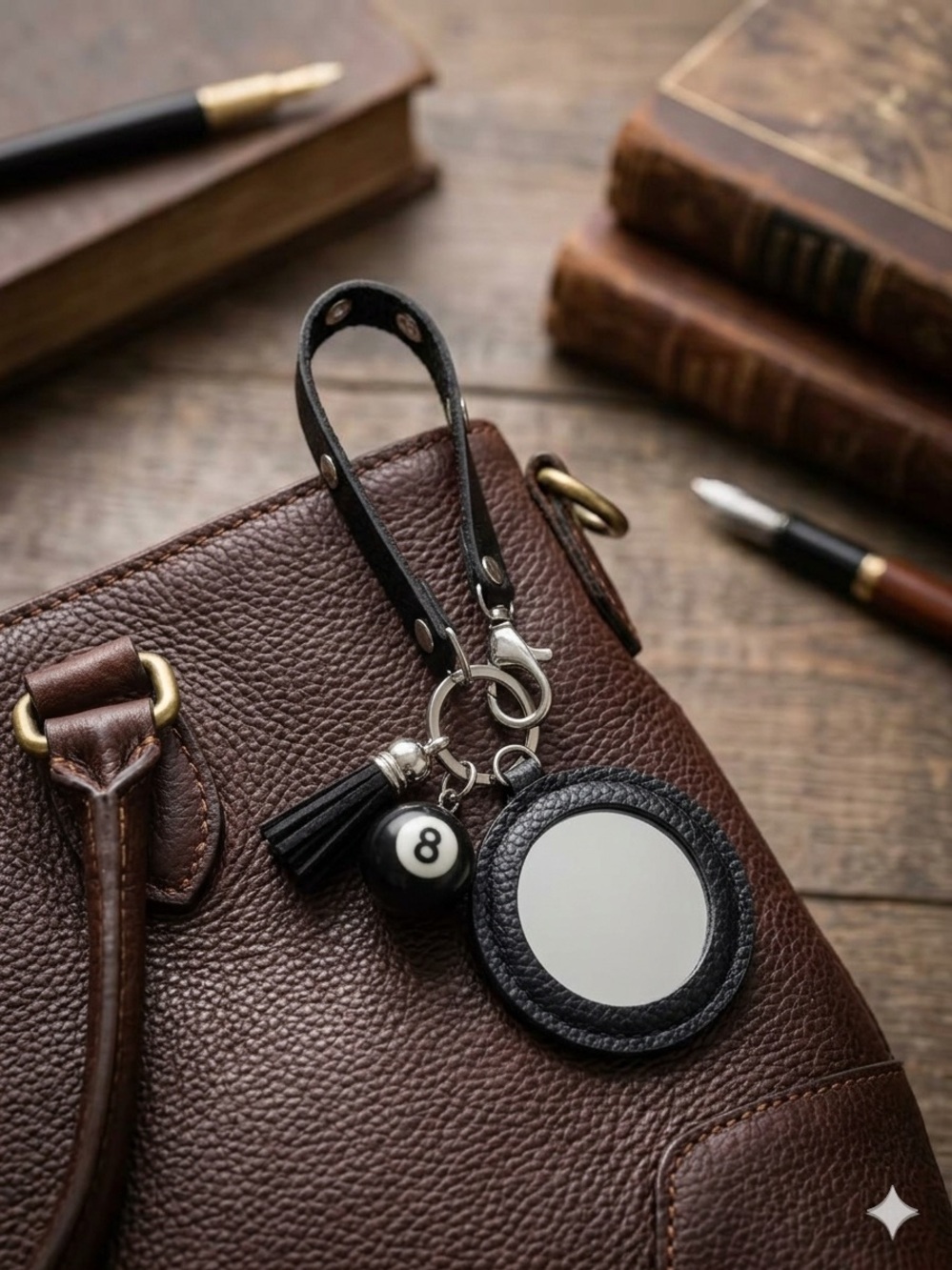 Black Leather Keychain Lanyard with Mirror ,8 ball and Tassel new !🎱 - Picture 3 of 4